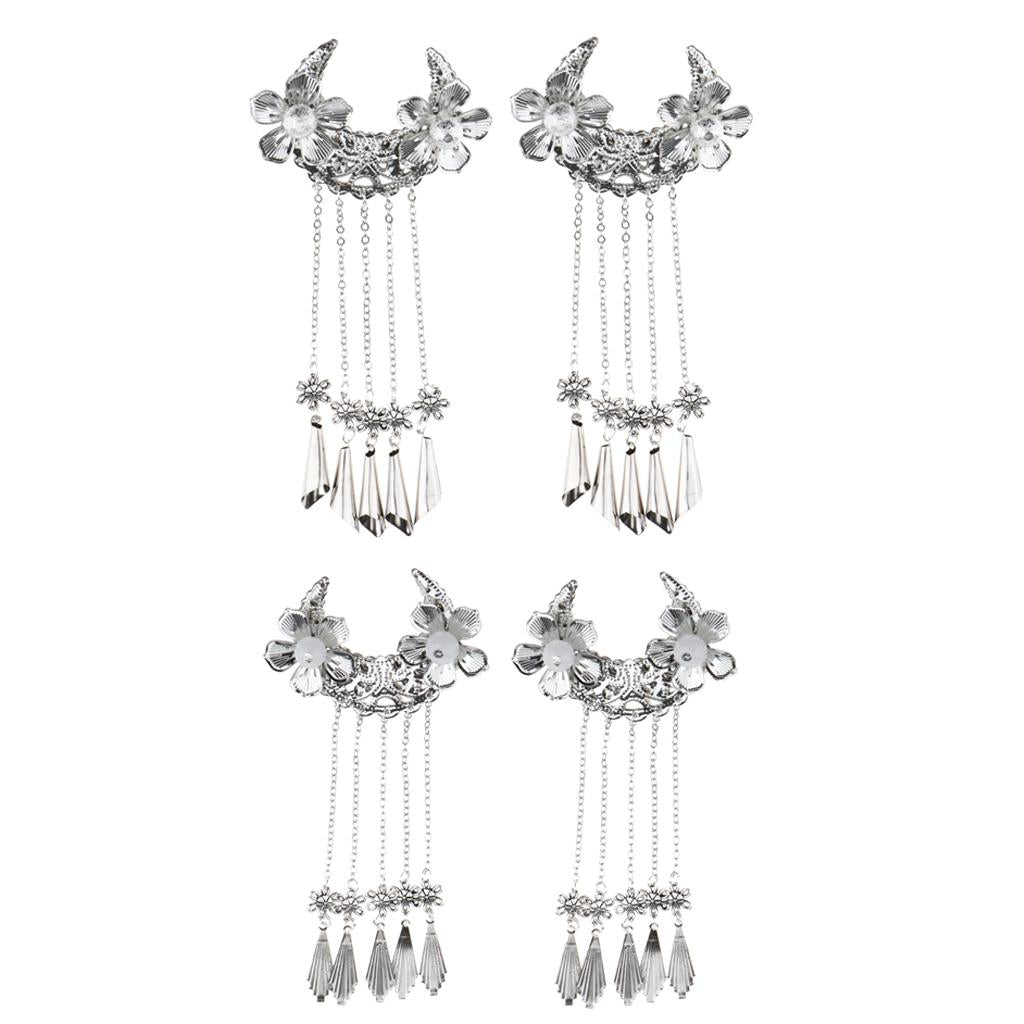 4pcs Women Cosplay Vintage Headdress Flower Tassel Hair Pins Clips Silver