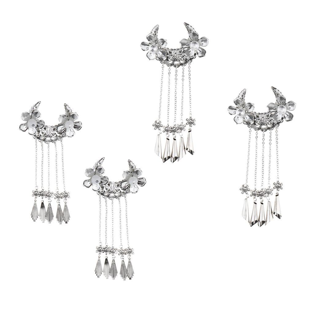 4pcs Women Cosplay Vintage Headdress Flower Tassel Hair Pins Clips Silver