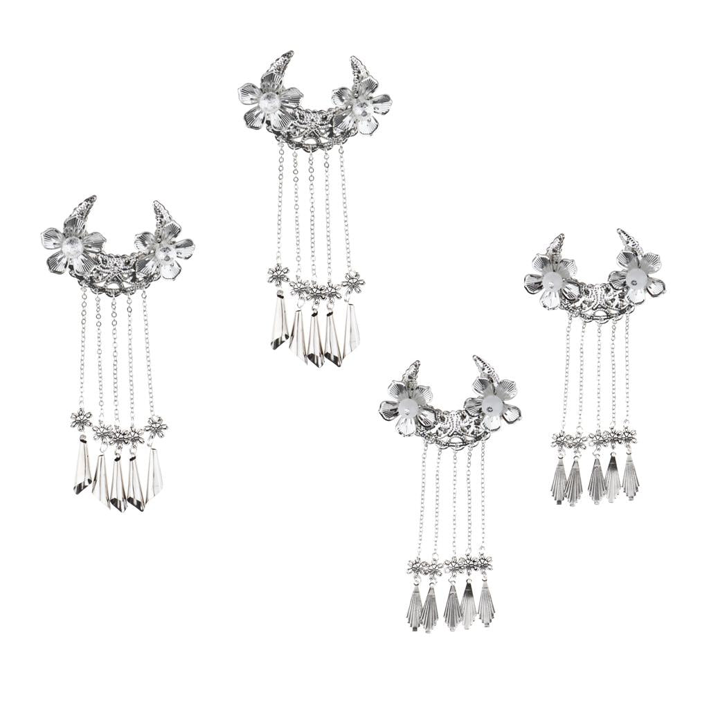 4pcs Women Cosplay Vintage Headdress Flower Tassel Hair Pins Clips Silver