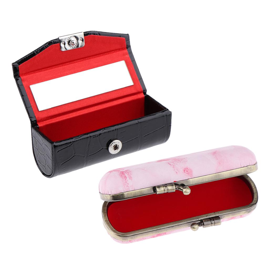 2Pcs Makeup Holder Lipstick Case Lip Gloss Storage Box with Mirror for Purse