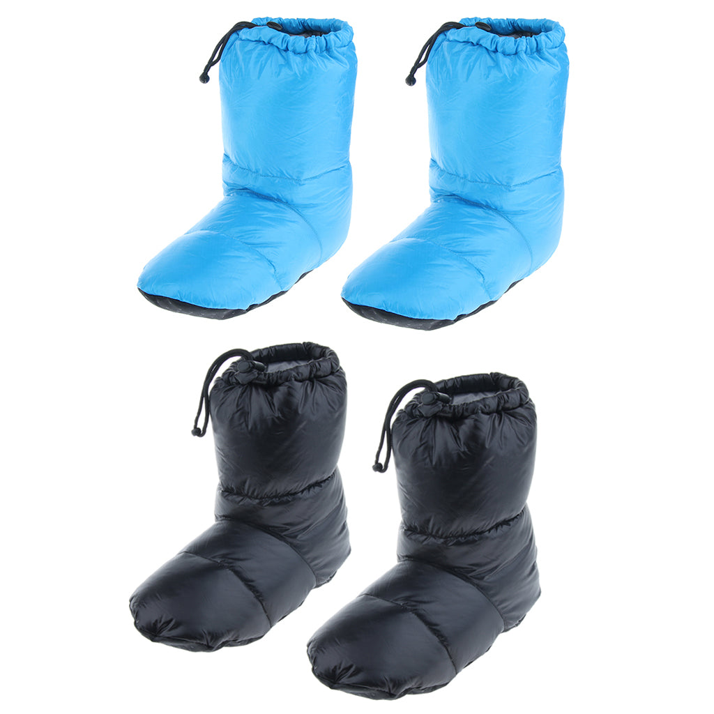 2 Pairs White Goose Down Slippers Winter Warm Booties Black M + Blue M