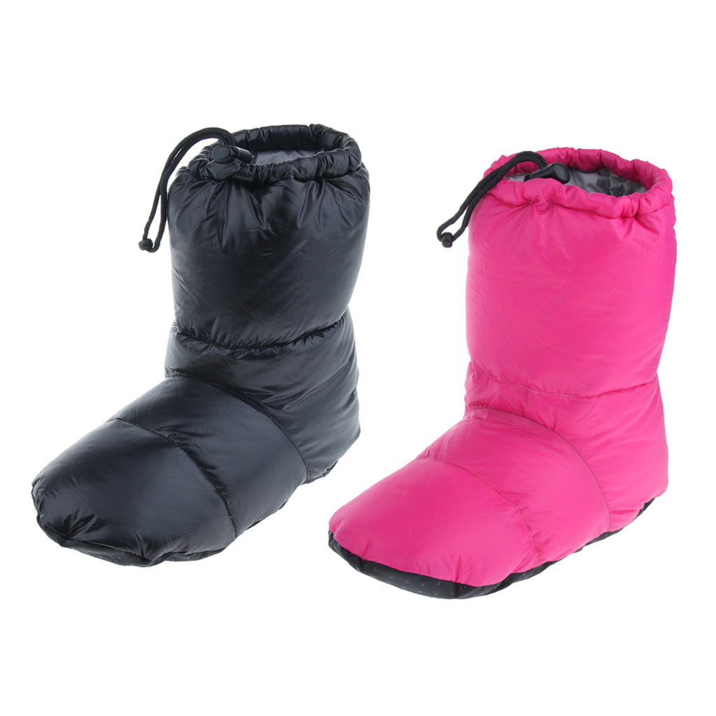 2 Pairs White Goose Down Slippers Winter Warm Booties Black L + Rose Red L