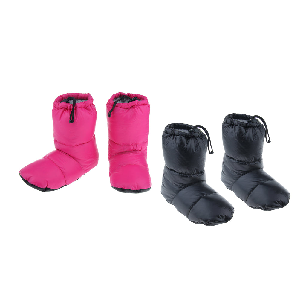 2 Pairs White Goose Down Slippers Winter Warm Booties Black XL + Rose Red L