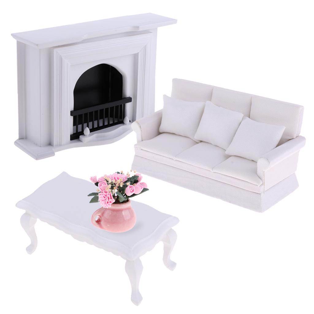 1/12 Dollhouse Furniture Set Wooden Fireplace End Table Couch Sofa Pillow