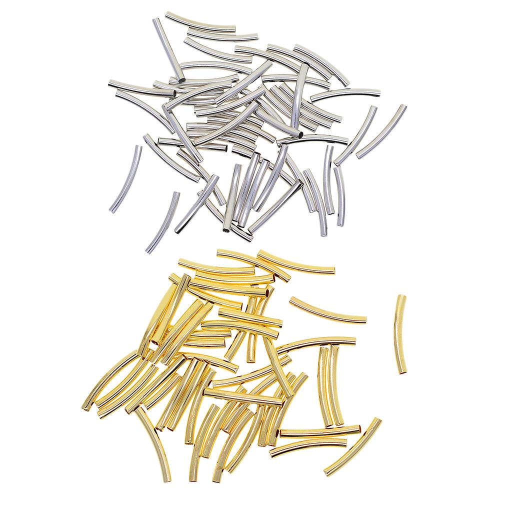 100Pcs Gold&Silver 30x3 mm Smooth Curved Tube Noodle Beads Jewelry Findings