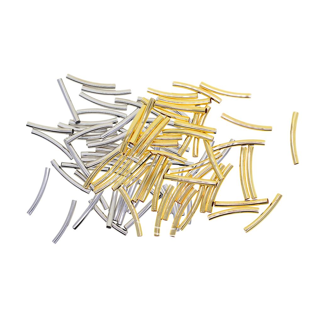 100Pcs Gold&Silver 30x3 mm Smooth Curved Tube Noodle Beads Jewelry Findings