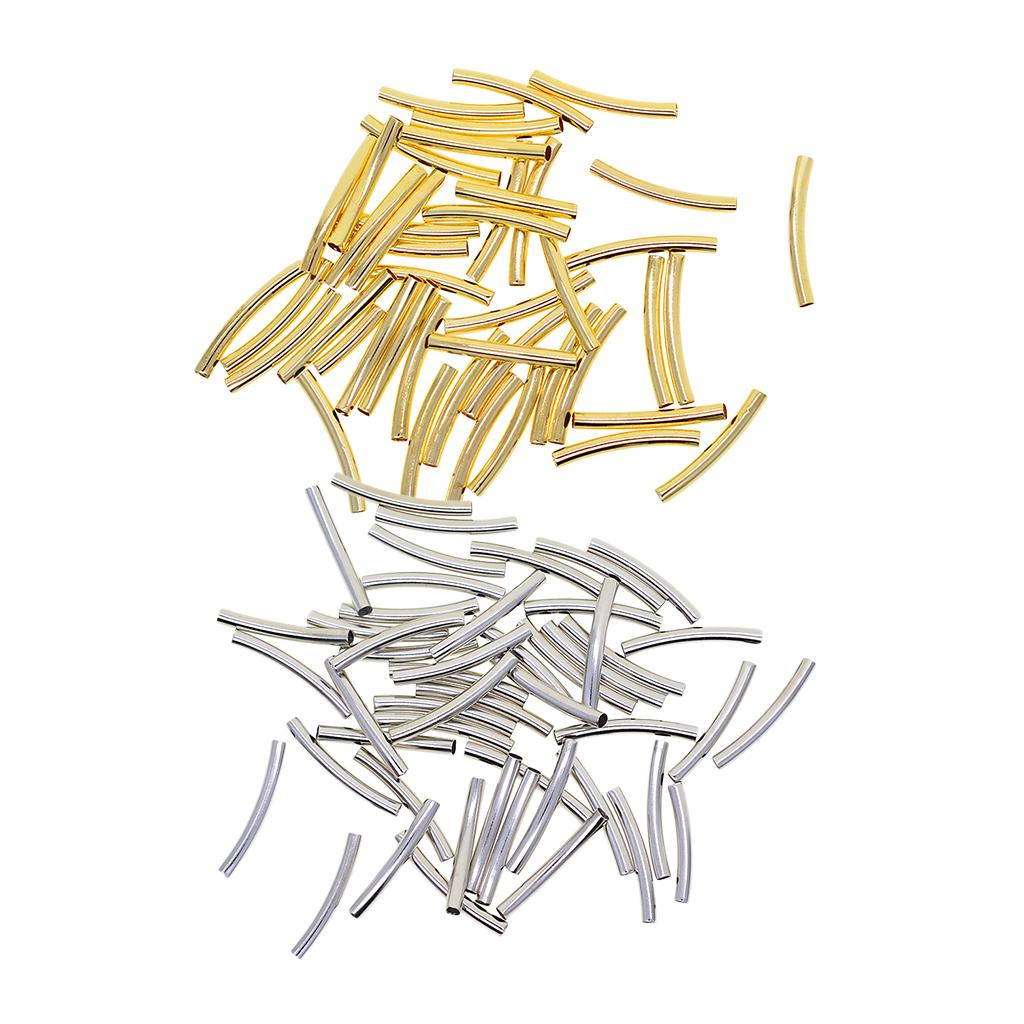 100Pcs Gold&Silver 30x3 mm Smooth Curved Tube Noodle Beads Jewelry Findings