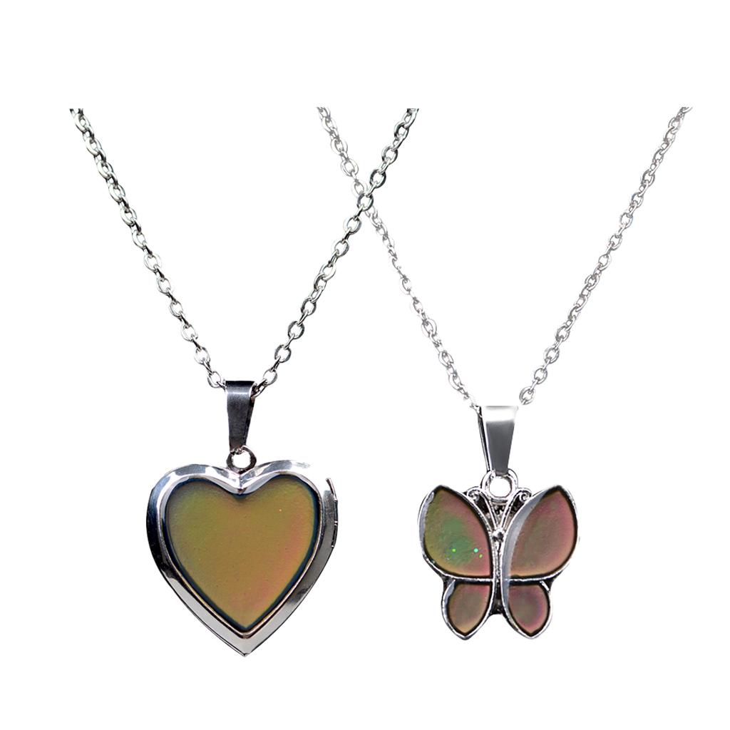 2Pcs Heart Mood Butterfly Gem Change Color Emotion Feeling Pendant Necklace