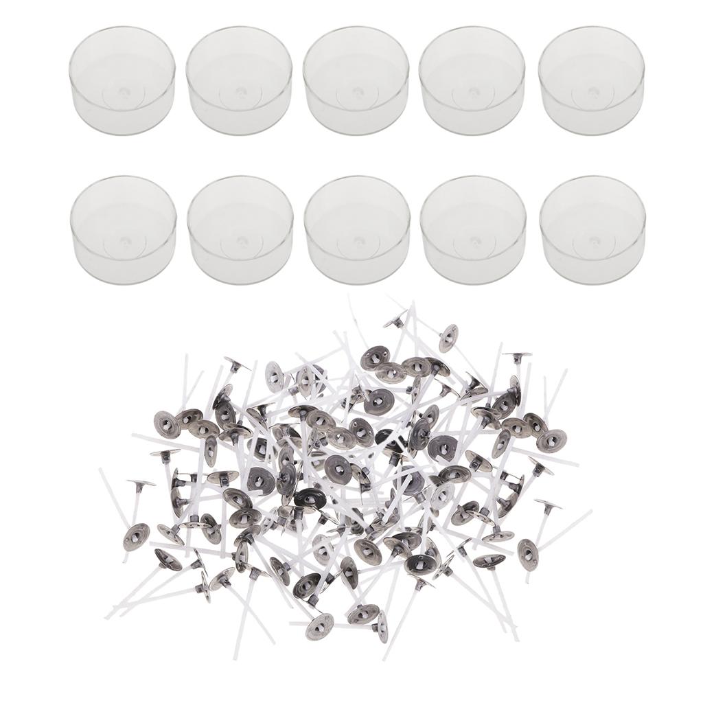 200pcs Pre-waxed Candle Wick and 10pcs Plastic Round Tealight Empty Case Cup