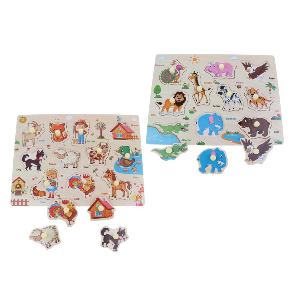 2 Set Wooden Peg Puzzle Kids Preschool Educational Toy - Zoo & Farm Animals
