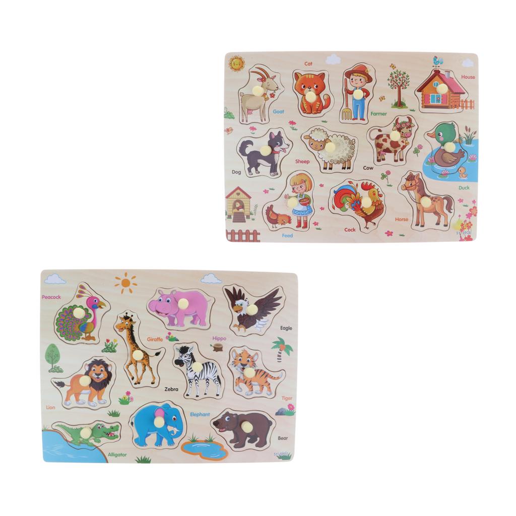 2 Set Wooden Peg Puzzle Kids Preschool Educational Toy - Zoo & Farm Animals