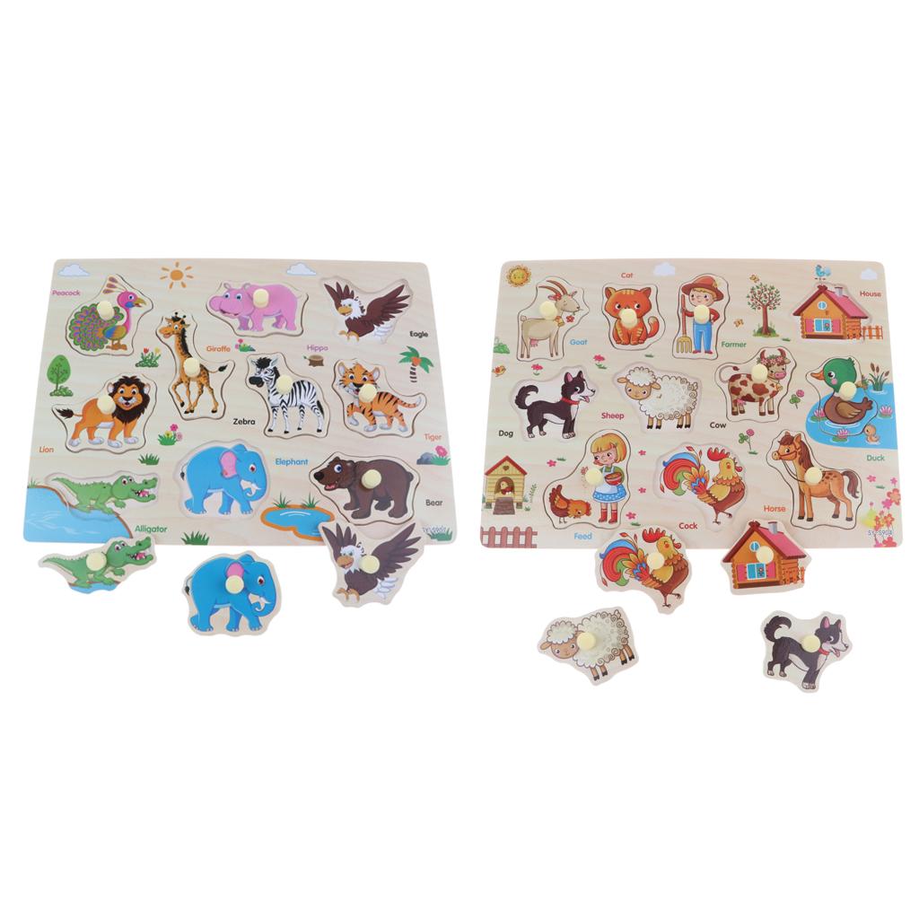 2 Set Wooden Peg Puzzle Kids Preschool Educational Toy - Zoo & Farm Animals