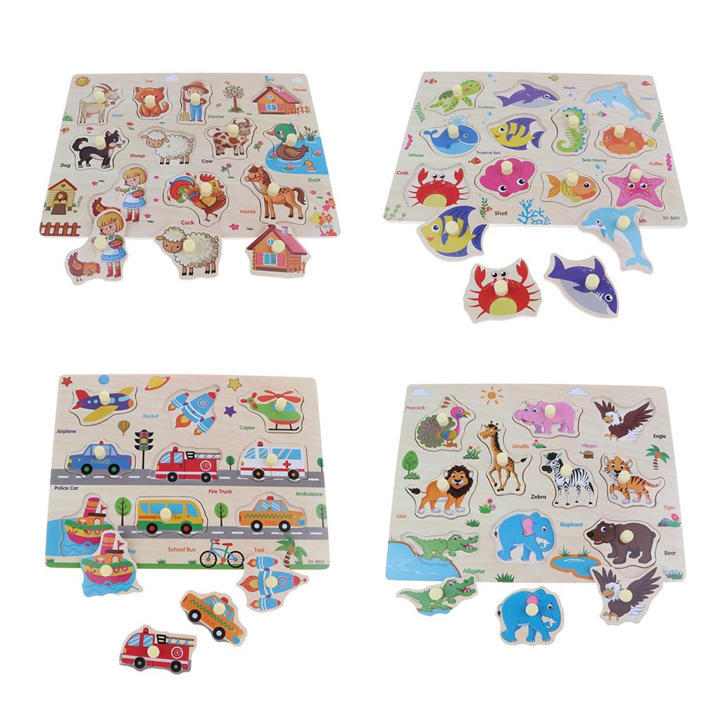 4 Set Wooden Peg Puzzle Traffic & Animals Jigsaw Preschool Educational Toy