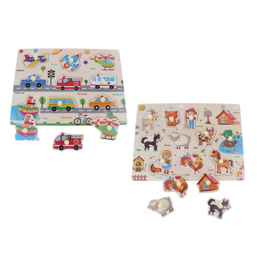2 Set Wooden Peg Puzzle Preschool Educational Toy - Traffic & Farm Animals
