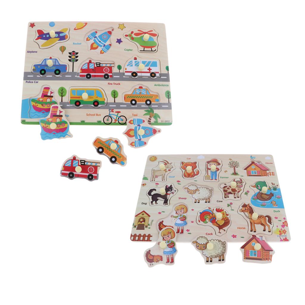 2 Set Wooden Peg Puzzle Preschool Educational Toy - Traffic & Farm Animals