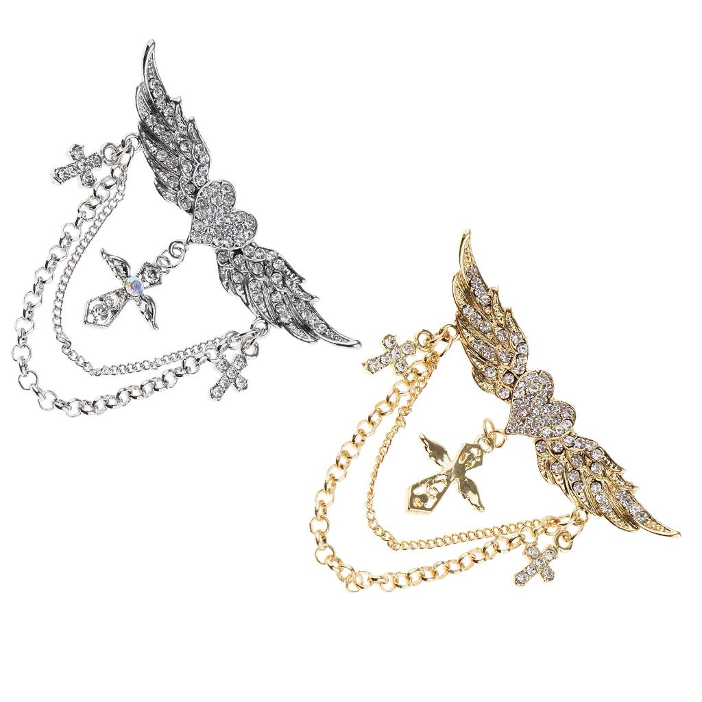 2 Pieces Rhinestone Flying Wings Heart Cross Chain Tassel Pin Collar Brooch