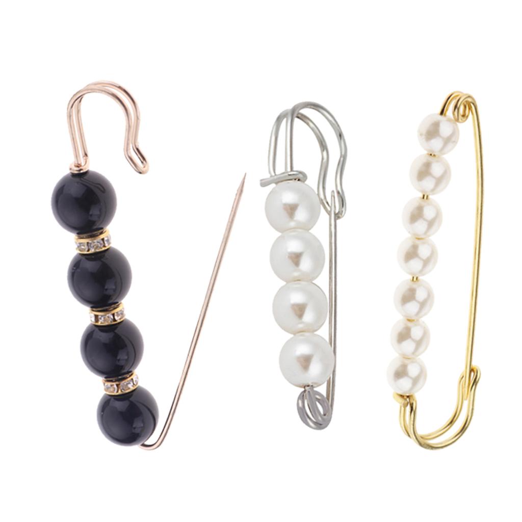 3 Pieces Luxury Imitation Pearls Safety Pin Brooch Clip for Lady Scarf Gown