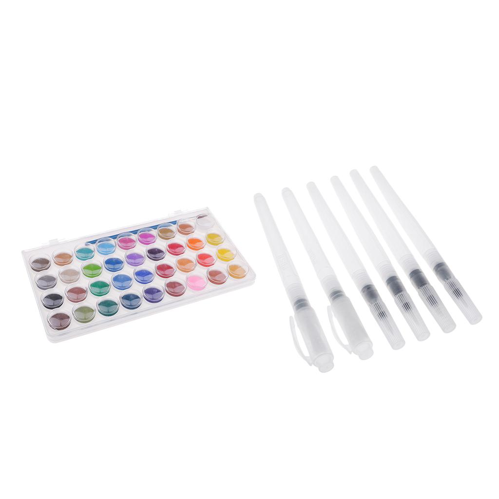 36 Colors Solid Watercolor Paints Pan Set & 6 Water Brush Pen Set