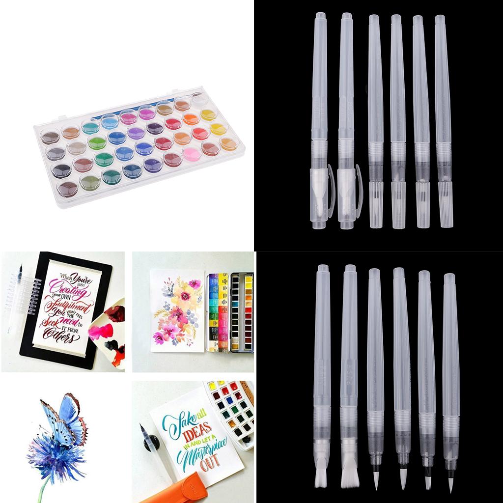 36 Colors Solid Watercolor Paints Pan Set & 6 Water Brush Pen Set