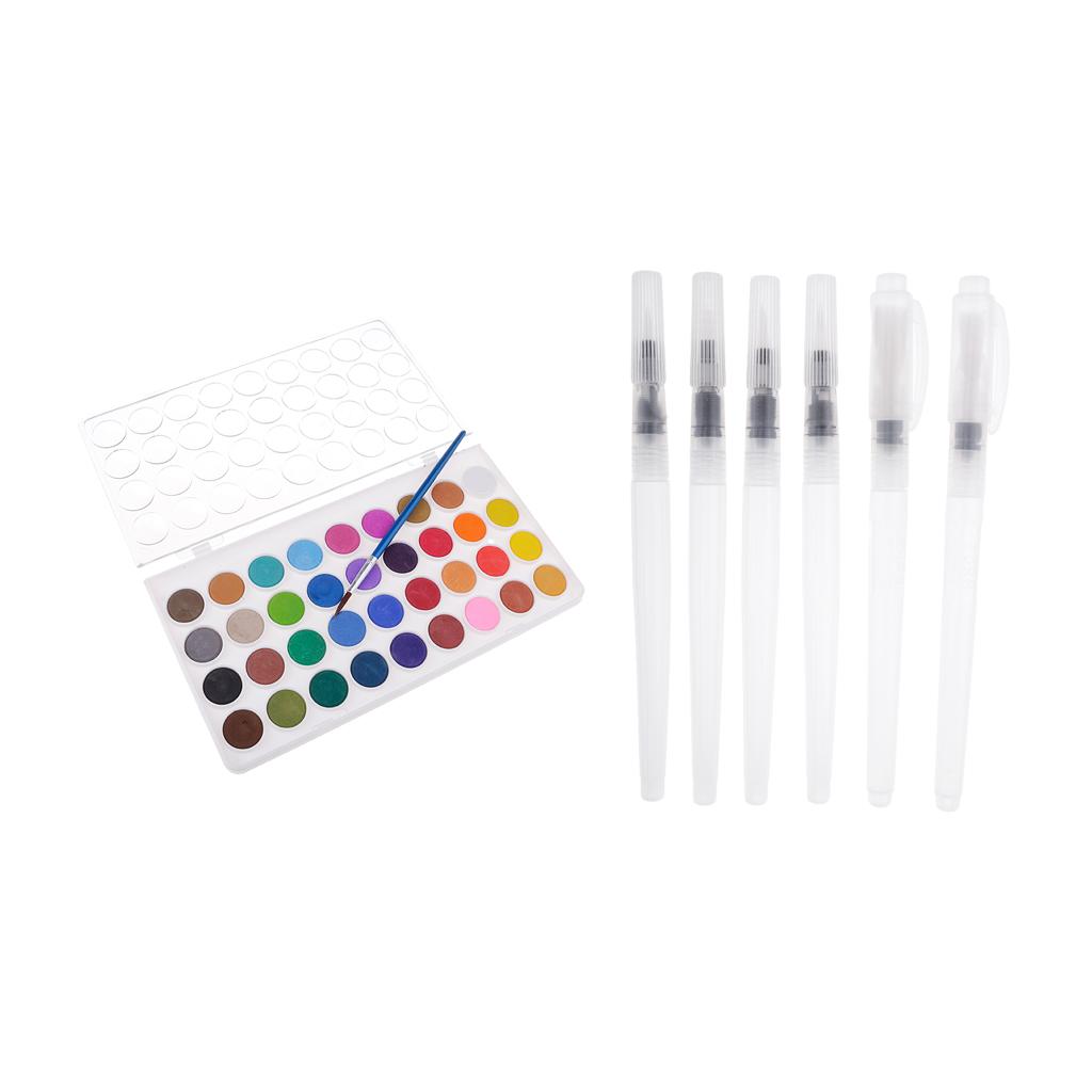 36 Colors Solid Watercolor Paints Pan Set & 6 Water Brush Pen Set