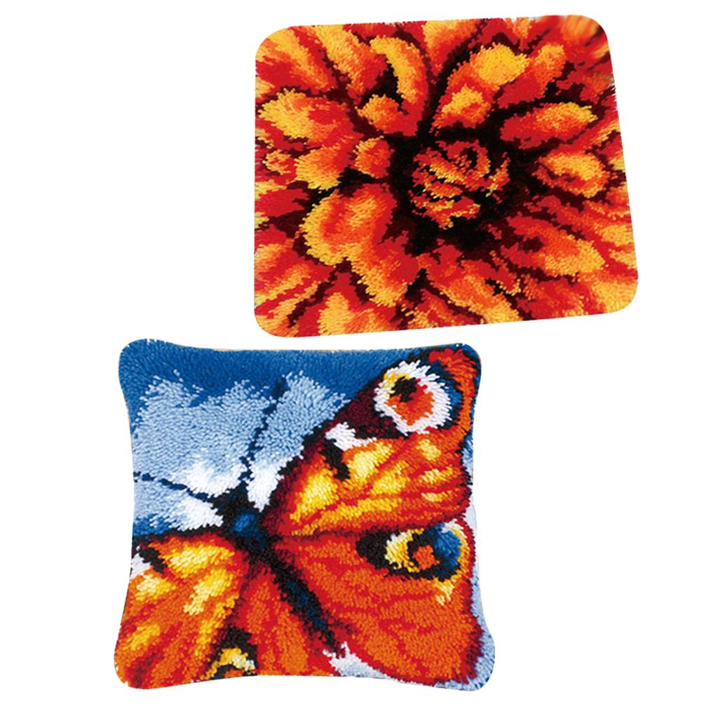 2 Sets Latch Hook Kits DIY Flower Butterfly Needle Embroidery Cushion Rugs