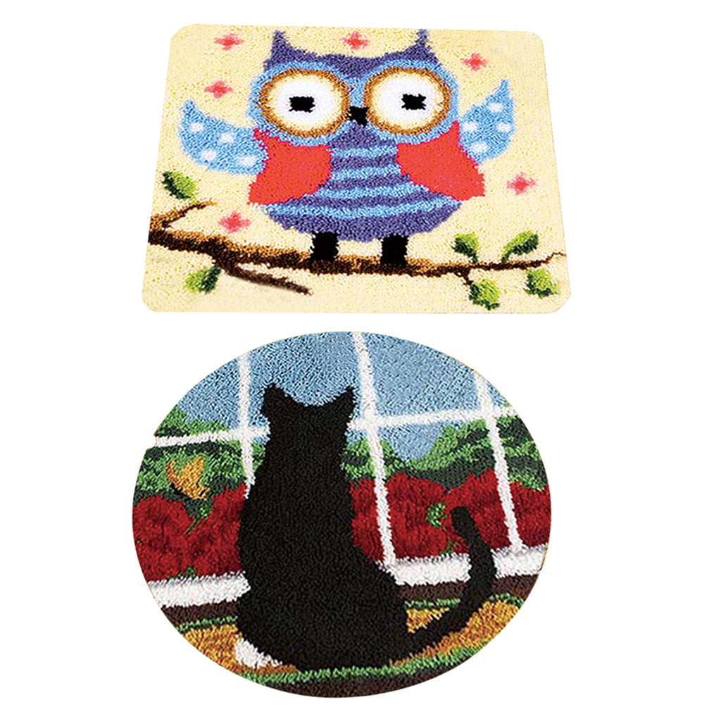 2 Sets Latch Hook Kits Rugs DIY Cat Owl Craft Needle Embroidery for Children