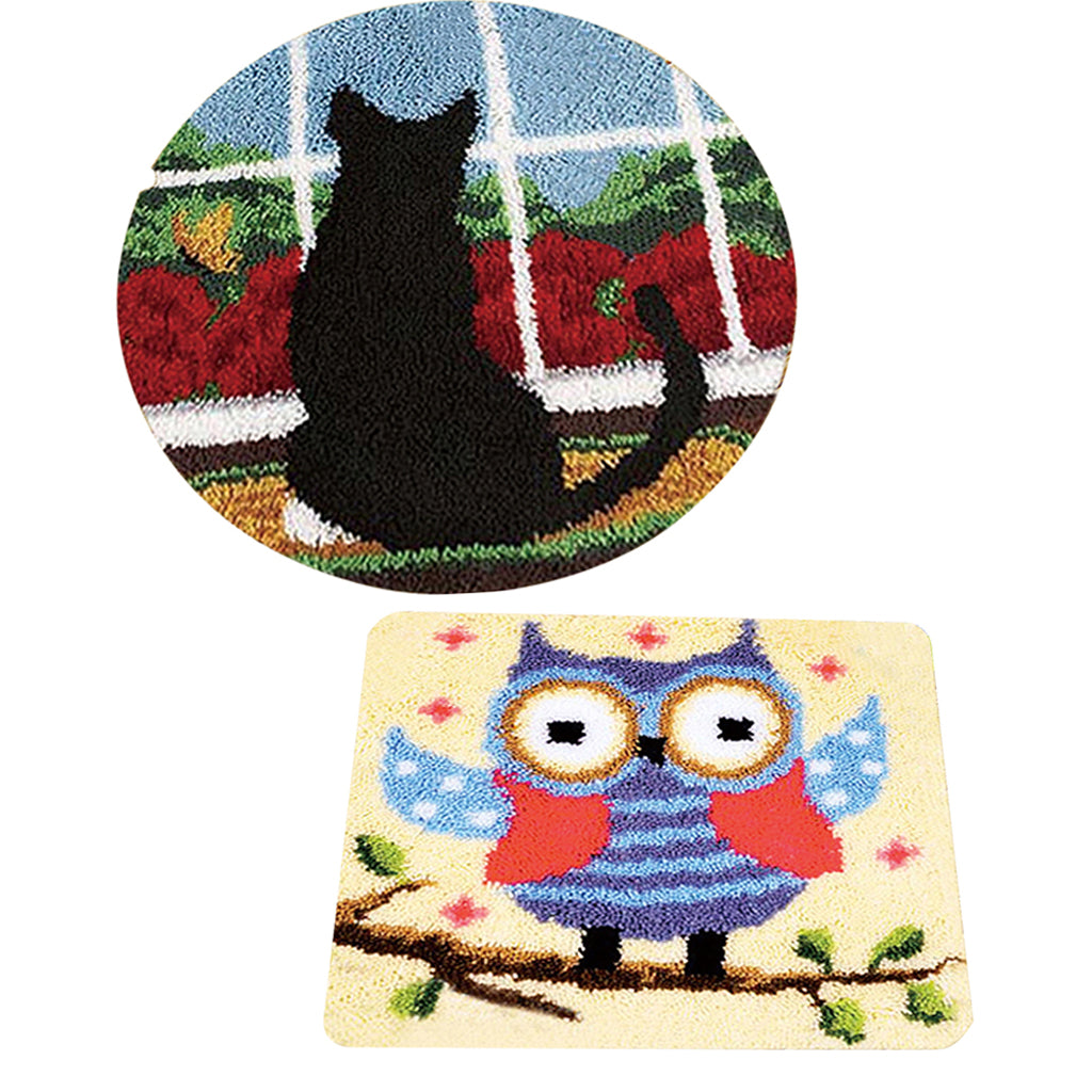 2 Sets Latch Hook Kits Rugs DIY Cat Owl Craft Needle Embroidery for Children