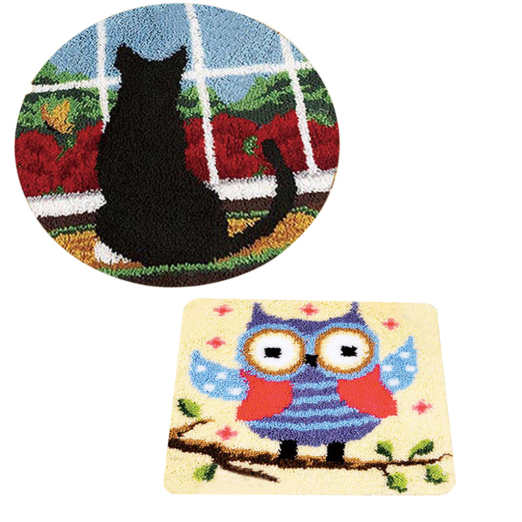 2 Sets Latch Hook Kits Rugs DIY Cat Owl Craft Needle Embroidery for Children