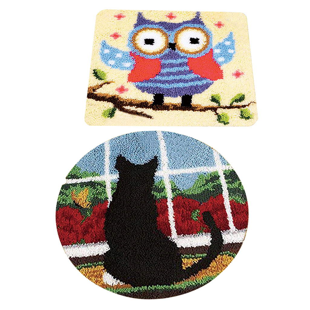 2 Sets Latch Hook Kits Rugs DIY Cat Owl Craft Needle Embroidery for Children