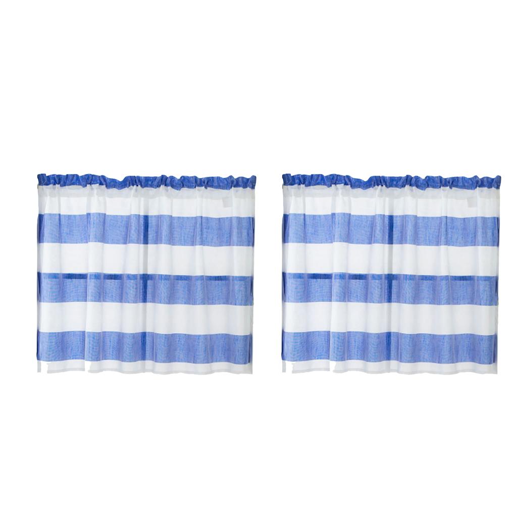 2xWindow Striped Short Valance Rod Pocket Curtains Kitchen Blue_ 137x76cm