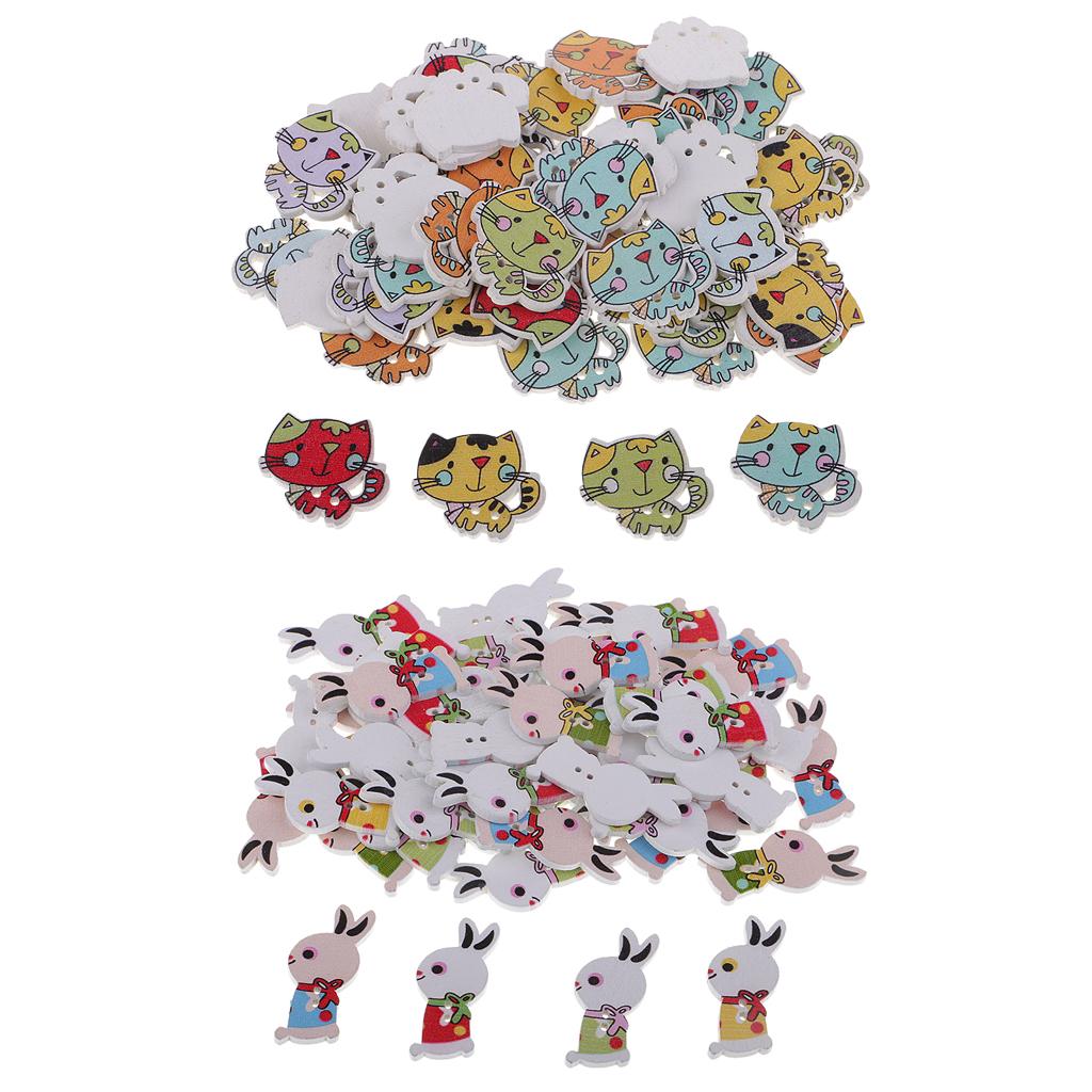 100pcs Cute Rabbit Cat 2 Holes Wooden Buttons DIY Crafts for Sewing Decor