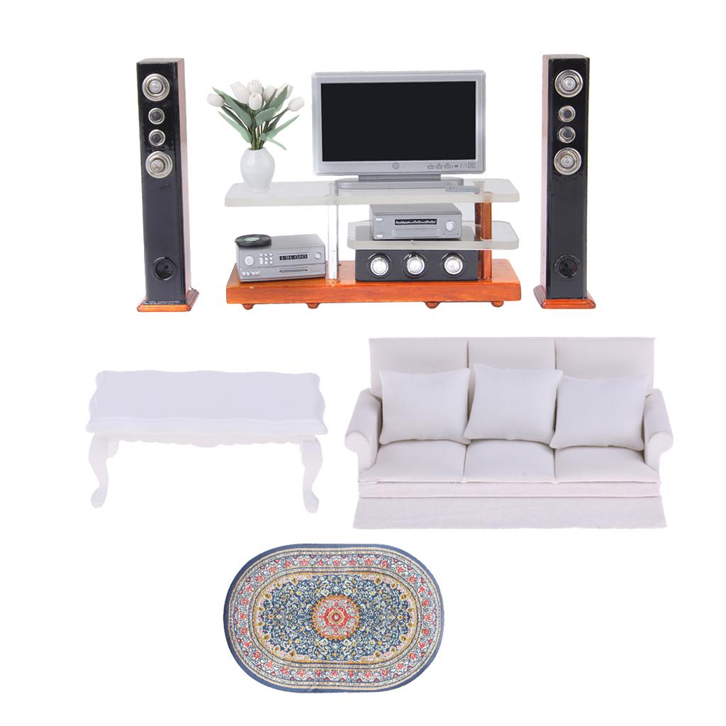 1/12 Dollhouse Miniature Sofa End Table TV Desk Rug Living Room Kit Model