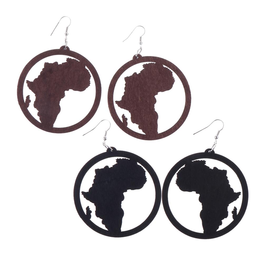 2 Pair Exaggerate Geometric African Map Wooden Drop Dangle Hook Earrings Set