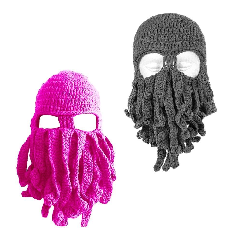 2x Unisex Beard Hat Knit Beanie Cap Winter Warm Octopus Hat Windproof Funny