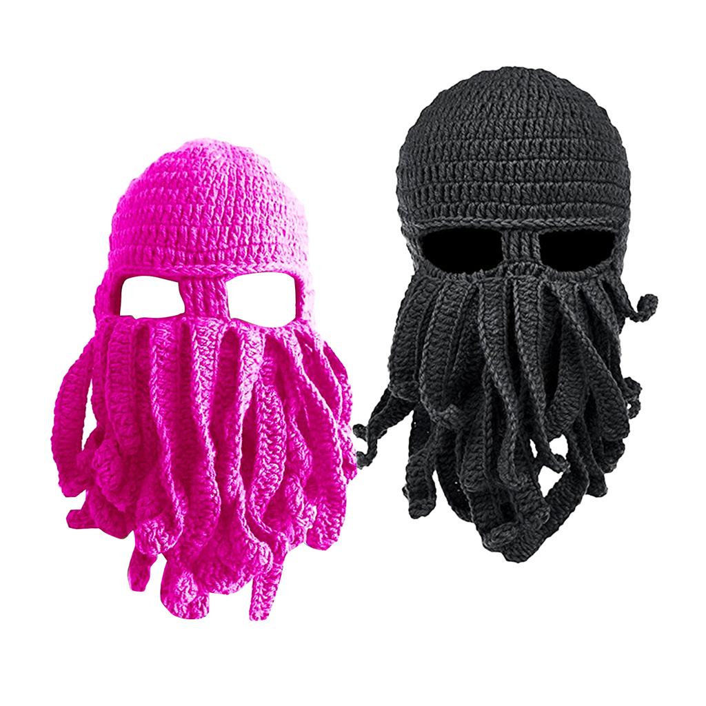 2x Unisex Beard Hat Knit Beanie Cap Winter Warm Octopus Hat Windproof Funny
