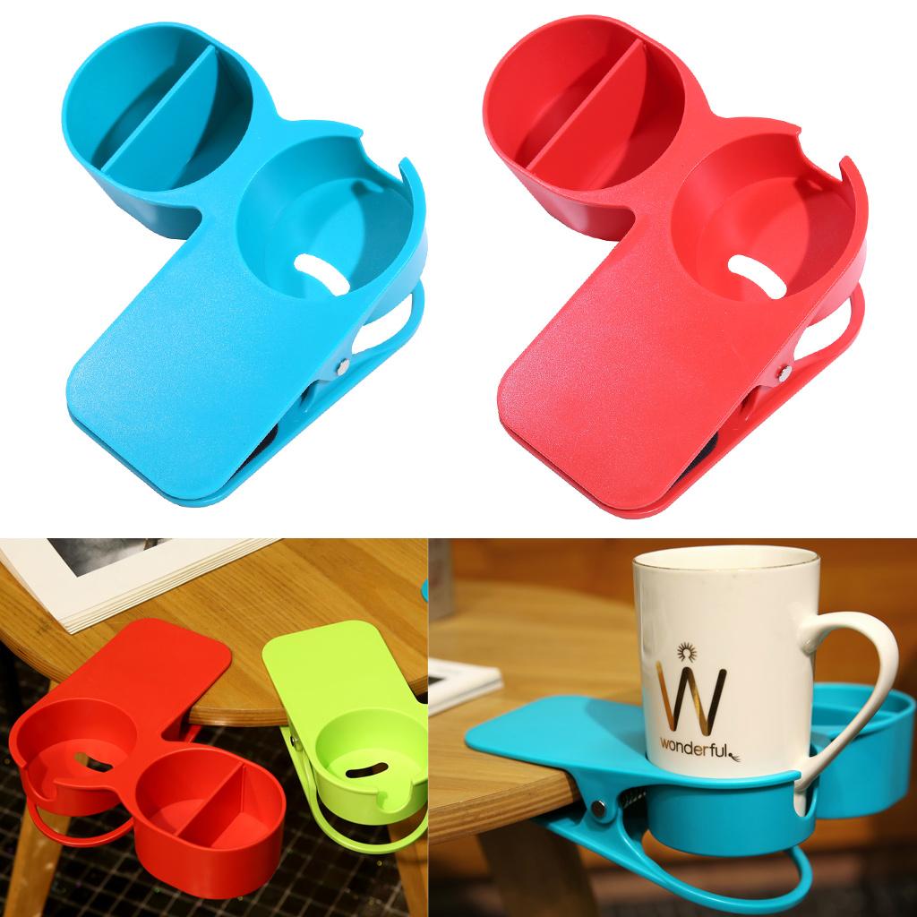 2pcs Multi-use Home Office Table Desktop Cup Holder Clamp Clip Red Blue
