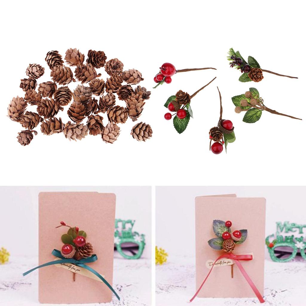 30x Artificial Dried Flowers+30x Real Natural Small Pine Cones for Decors