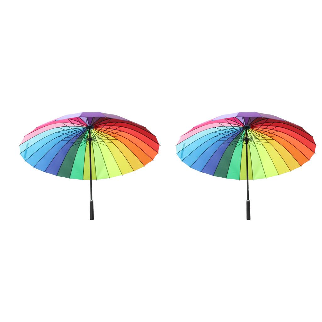 2pcs 24k Color Rainbow Long Handle Straight Sun/Rain Stick Umbrella Parasol