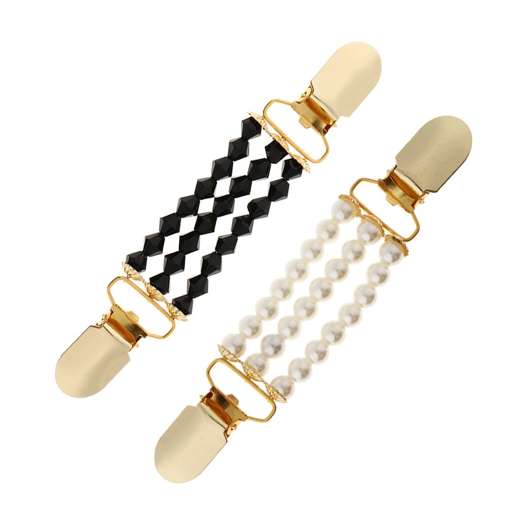 2x Women Lady Elegant Cardigan Sweater Clips Beaded Blouse Shirt Collar Clip