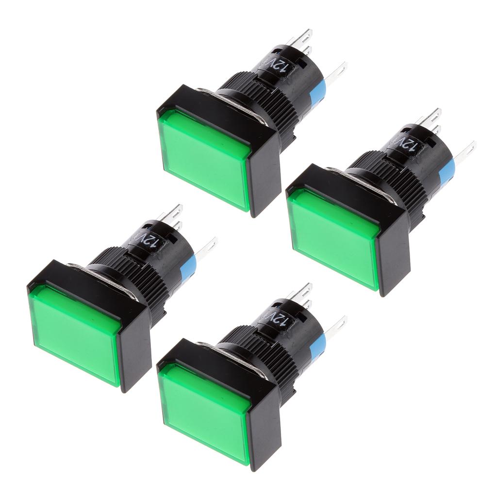4xDC 12V Push Button Momentary Self Reset Square Switch with LED Light Green