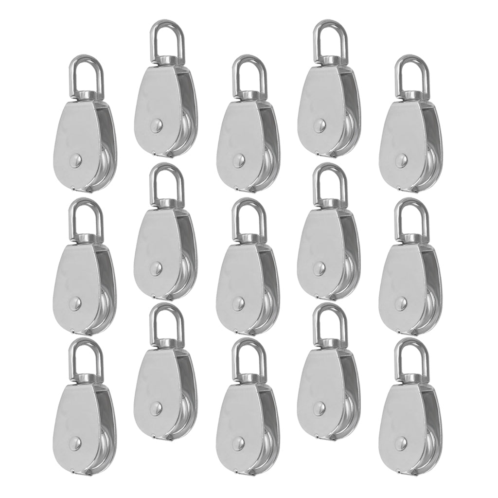 15pcs Stainless Steel Single Wheel Pulley Block Swivel Rope Sheave Eye 15mm