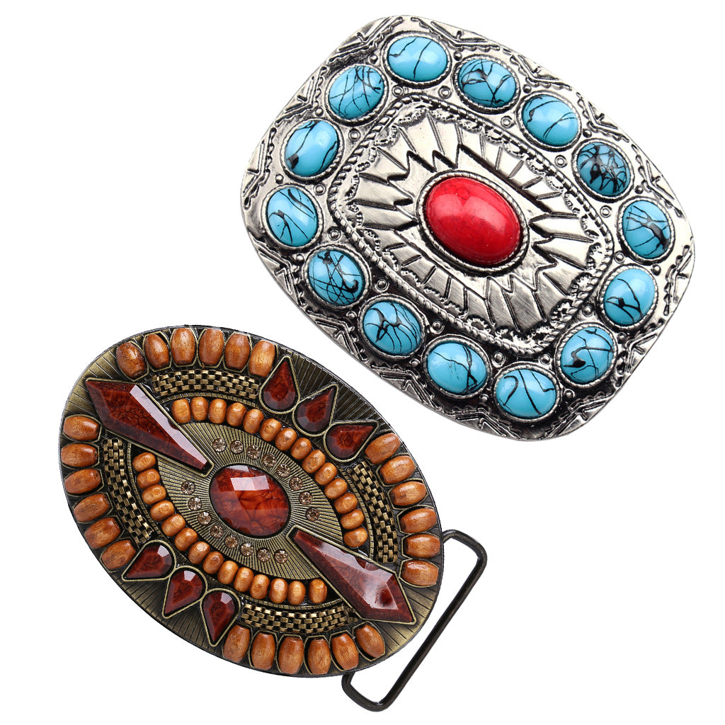 2PCS Vintage Western American Cowboy Rodeo Turquoise Bead Oval Belt Buckle