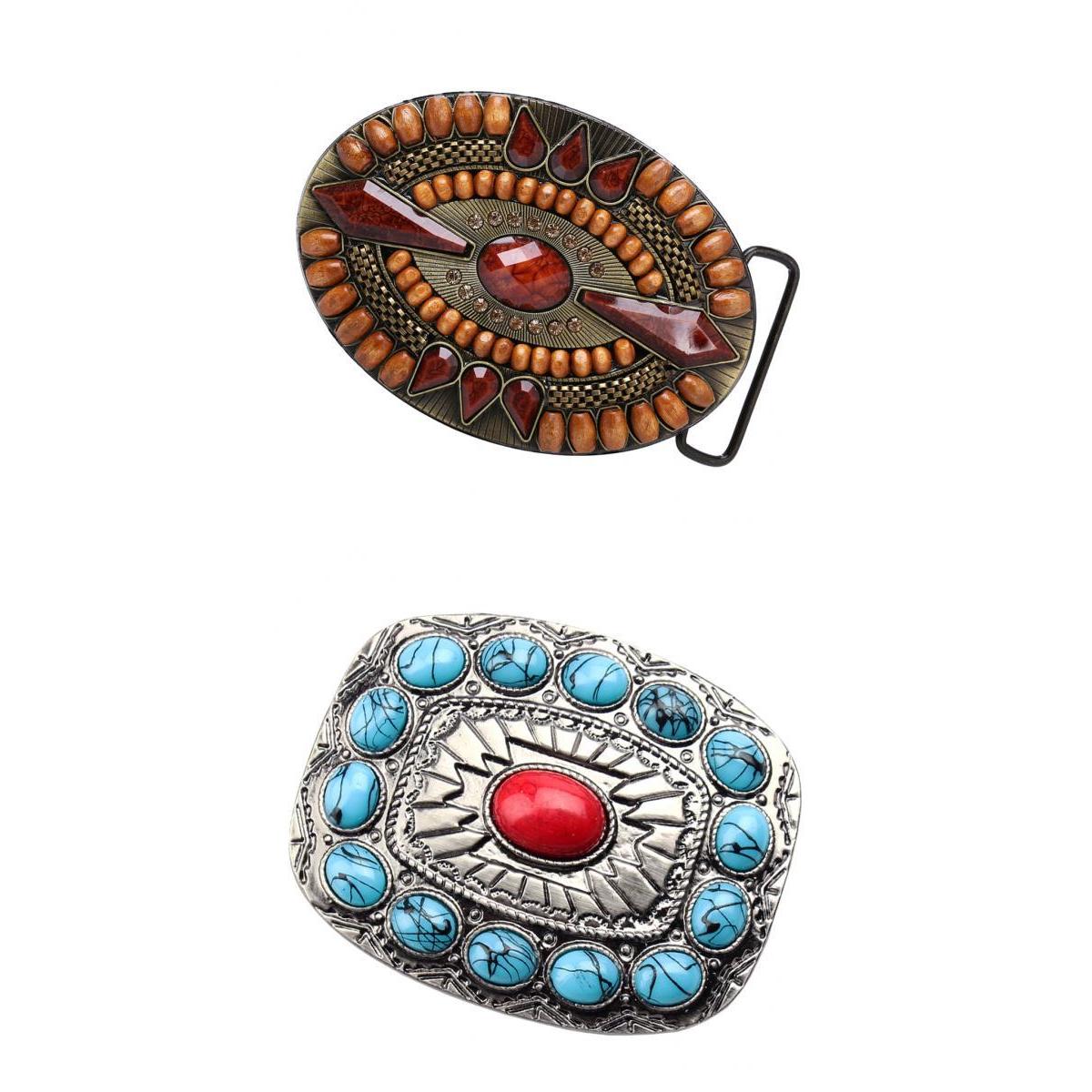 2PCS Vintage Western American Cowboy Rodeo Turquoise Bead Oval Belt Buckle