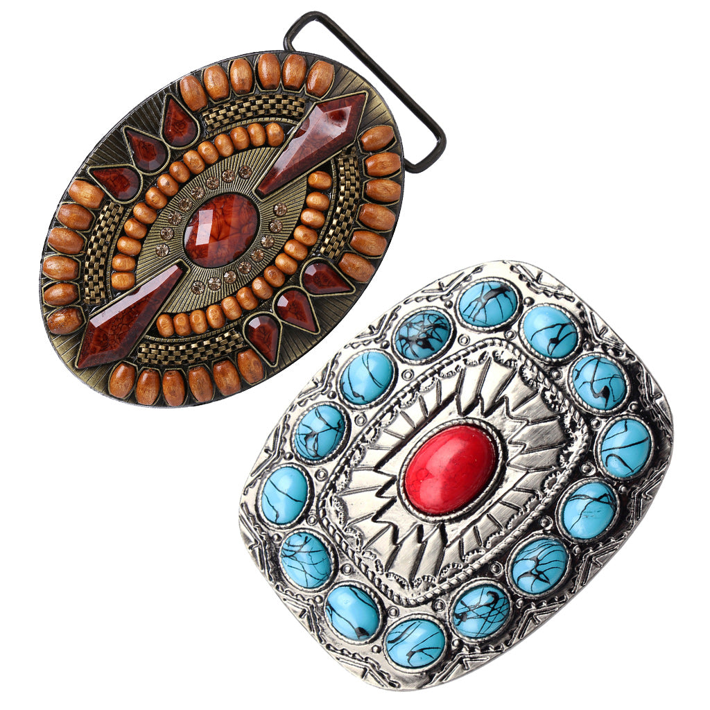 2PCS Vintage Western American Cowboy Rodeo Turquoise Bead Oval Belt Buckle