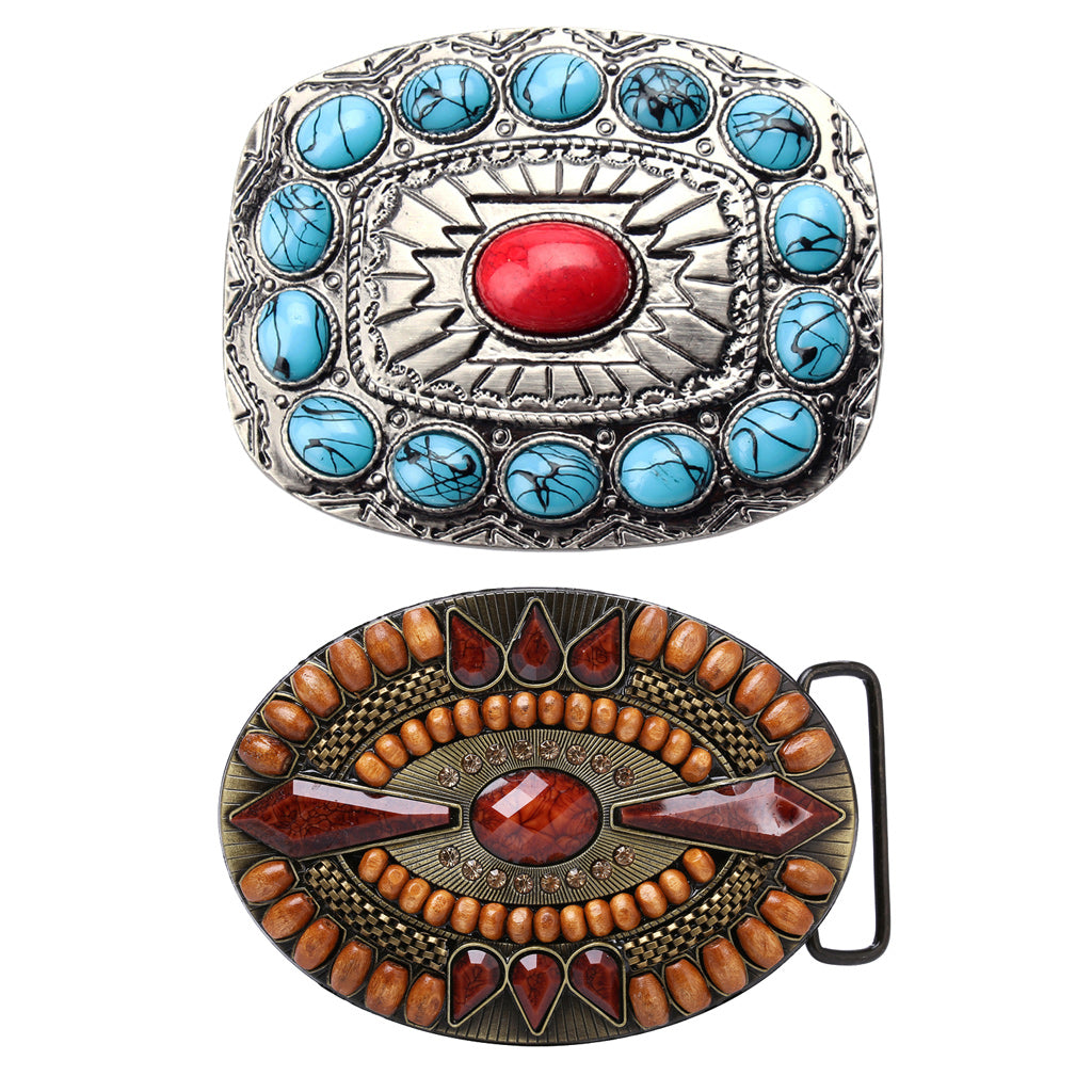 2PCS Vintage Western American Cowboy Rodeo Turquoise Bead Oval Belt Buckle