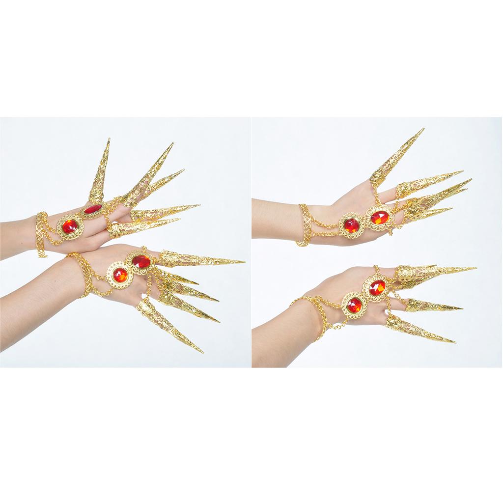 2Pairs Gold Bracelet with Long Finger Nails for Belly Dancing Hand Jewelry