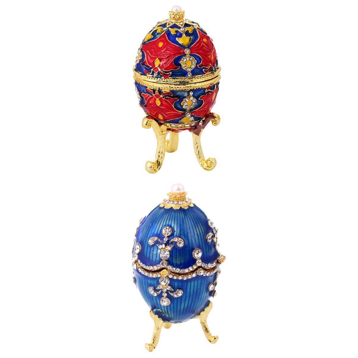 2 Pieces Vintage Easter Egg Shaped Enamel Jewelry Box Ring Holder Organizer