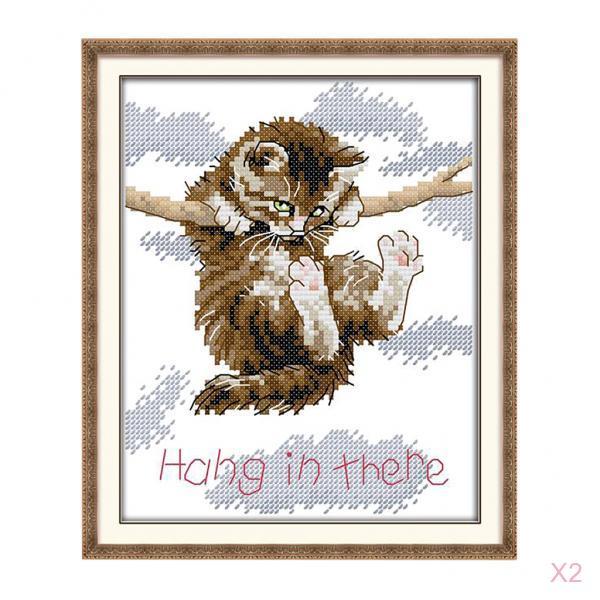 2pcs Cat Hang in There Stamped Cross Stitch Kit DIY Needlework 11CT 23x27cm