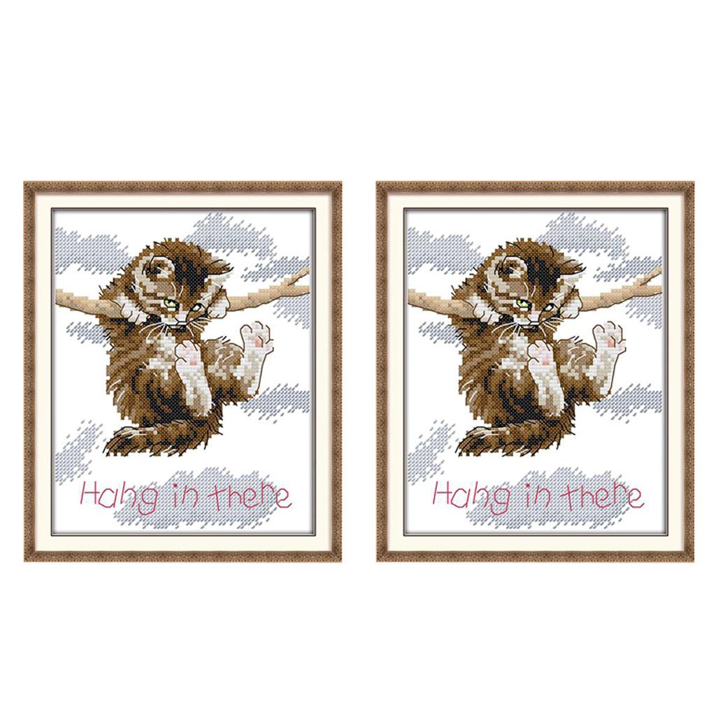 2pcs Cat Hang in There Stamped Cross Stitch Kit DIY Needlework 11CT 23x27cm