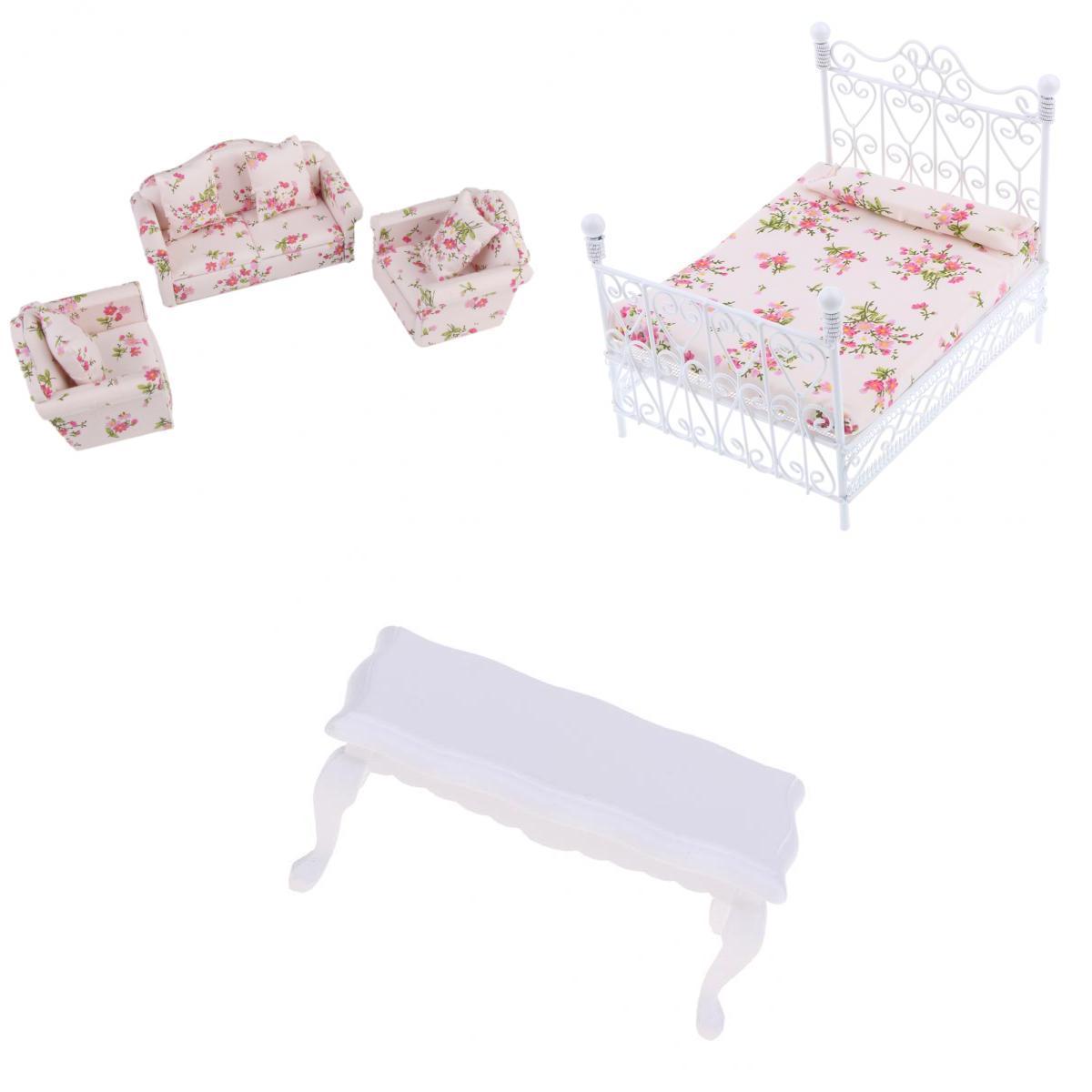1:12 Dollhouse Miniature Metal European Bed with Sofa Set Bedroom Furniture